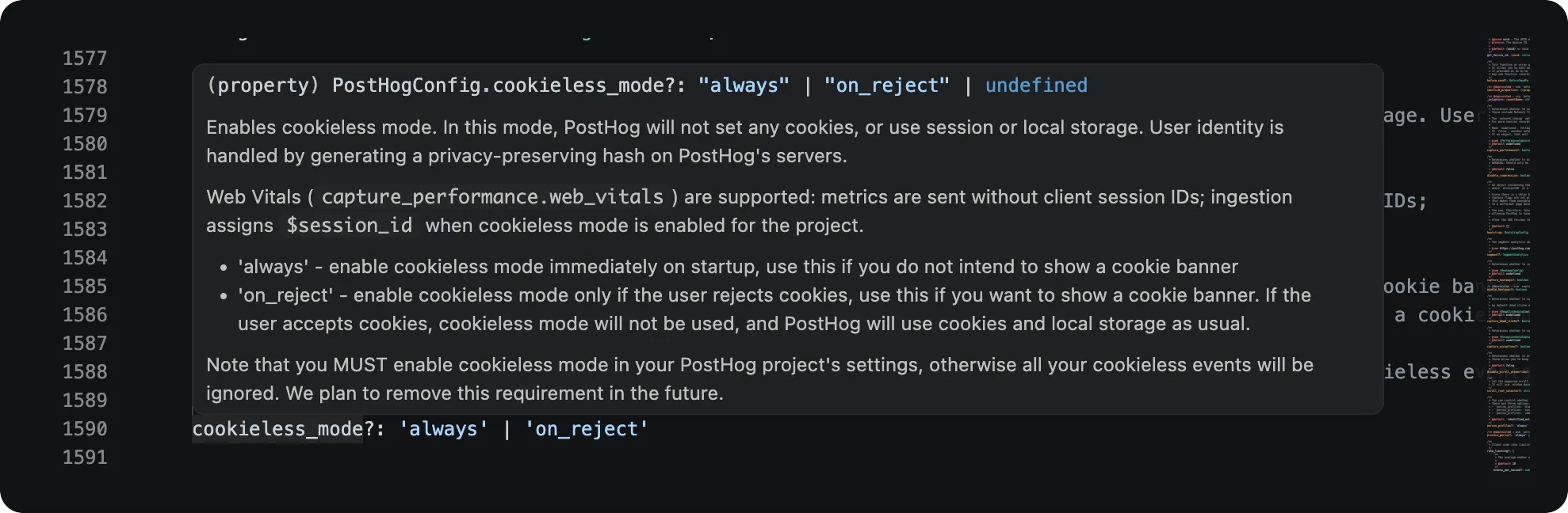 cookieless_mode JSDoc from PostHogConfig